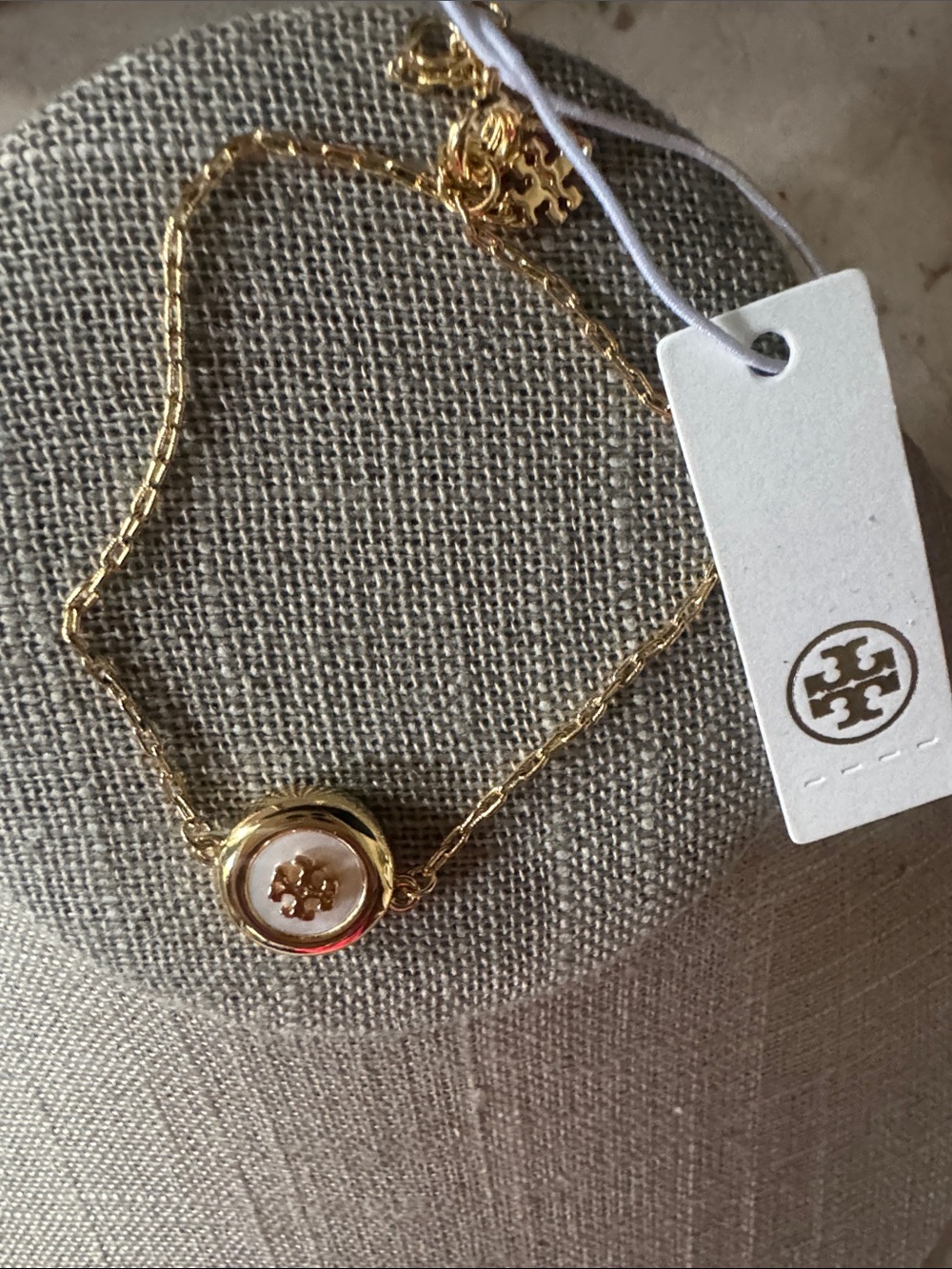 Tory Burch Gold and White Logo Button Charm Bracelet